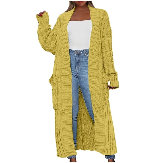 FAIWAD Womens Long Cardigan Sweaters Long Sleeve Knit Open Front Cable Knit Outwear with Pockets