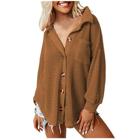 FAIWAD Womens Long Sleeve Outwear Lapel Button Down Drop Shoulder Loose Shirt Coat with Chest Pockets