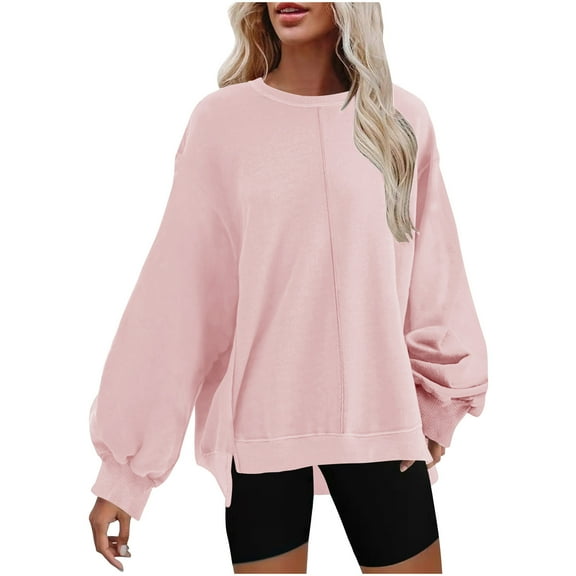 FAIWAD Womens Long Sleeve Round Neck Sweatshirt Patchwork Plus Size Basic Solid Color Side Split Pullover Tops