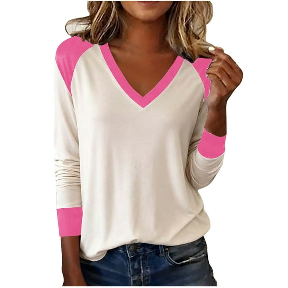 FAIWAD Womens Long Sleeve Tops Casual V Neck Color Block Tunic Tops Classic Going Out Blouses