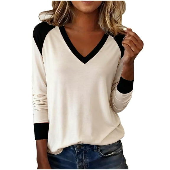 FAIWAD Womens Long Sleeve Tops Casual V Neck Color Block Tunic Tops Classic Going Out Blouses