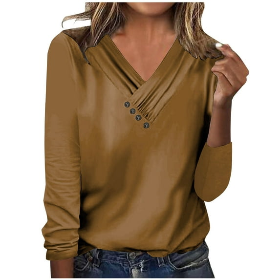 FAIWAD Womens Long Sleeve Tops Dressy Casual V Neck Shirts Blouse Button Down Loose Going Out Tees Clothes