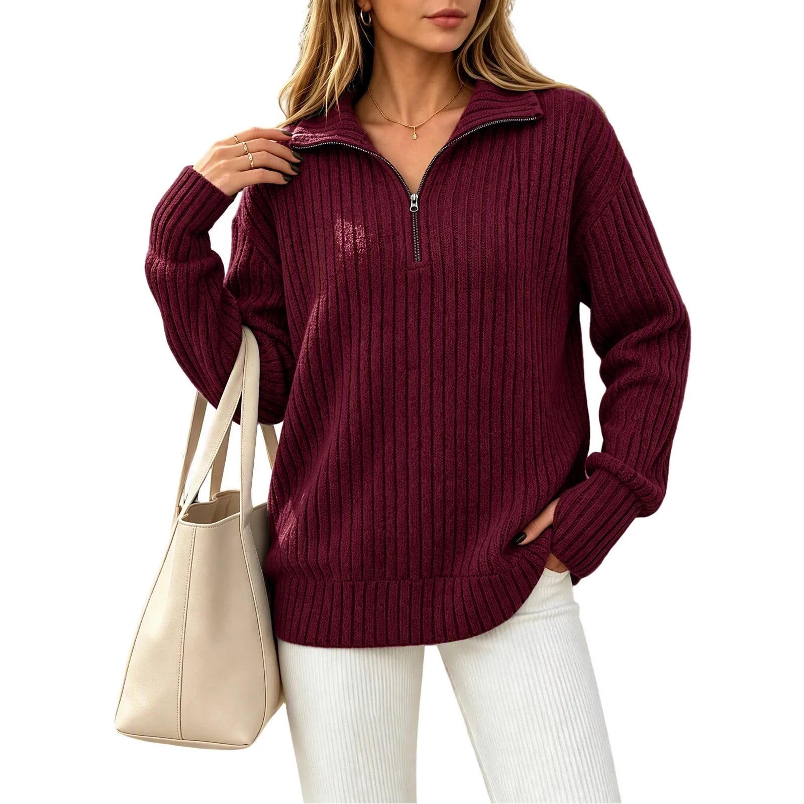 FAIWAD Womens Long Sleeve Tops Soft Warm Quarter Zip Ribbed Casual ...