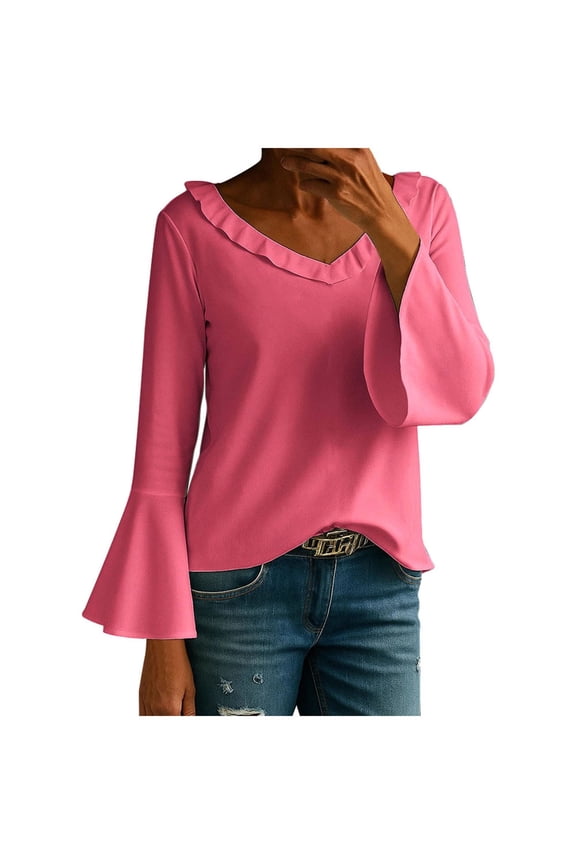 Womens Long Sleeve Tunic Tops Scalloped V Neck Casual Dressy Blouses Elegant Party Shirts