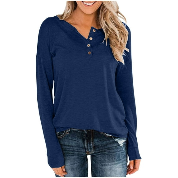 FAIWAD Womens Long Sleeve Tunic Tops Solid Color Round Neck Button Lightweight Pullover Top