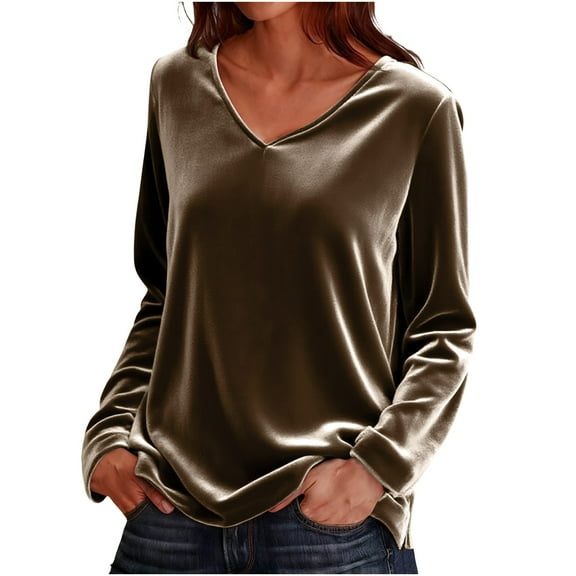 FAIWAD Womens Long Sleeve Velvet Tops Solid Color V Neck Casual Pullover Trendy Party Blouses