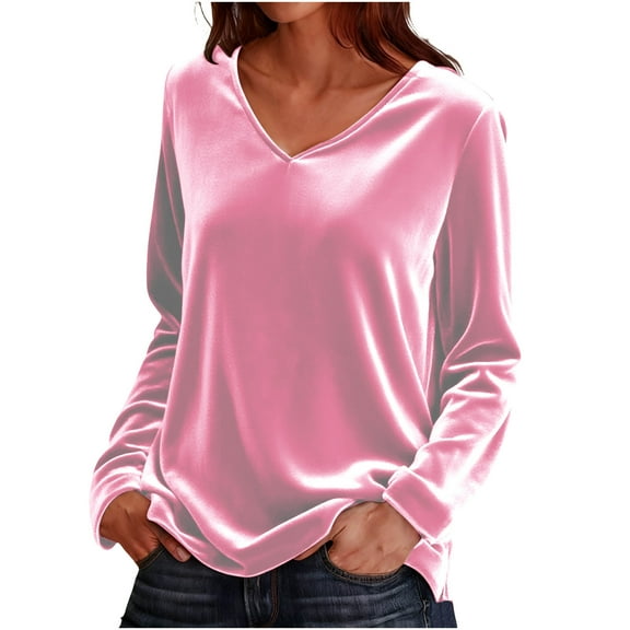 FAIWAD Womens Long Sleeve Velvet Tops Solid Color V Neck Casual Pullover Trendy Party Blouses