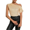 thumbnail image 1 of FAIWAD Womens Off Shoulder Sequin Sparkly Tops Short Sleeve Ruched Asymmetrical Tee Shirt Party Club Tunic Blouses, 1 of 2