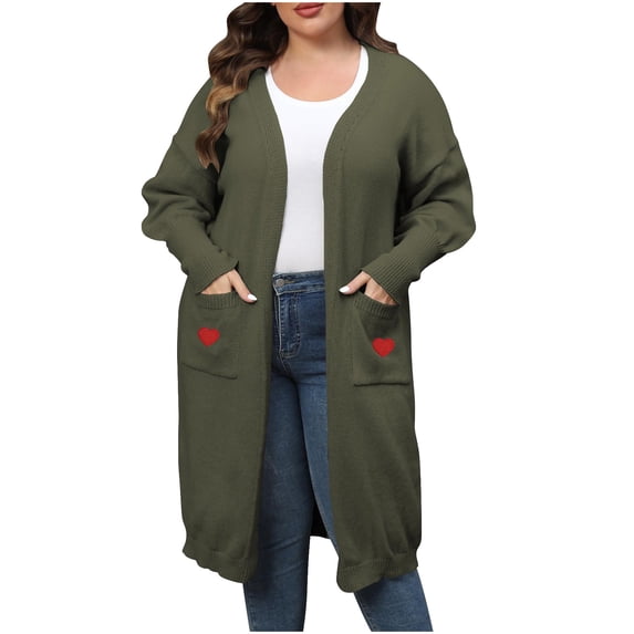 FAIWAD Womens Open Front Cardigan Sweaters Long Sleeve Heart Print Long Knit Outwear with Pockets