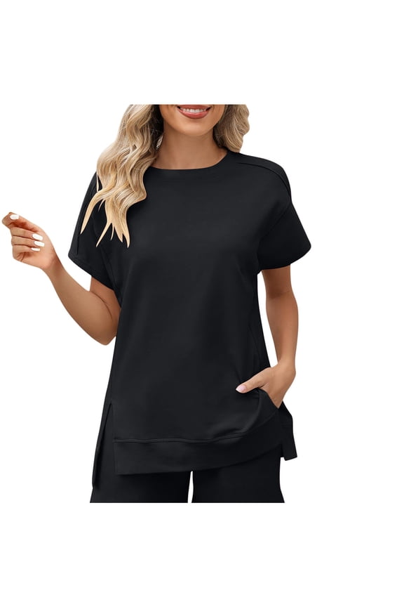 Womens Oversized Sweatshirts Short Sleeve Round Neck Slit Tops Loose Casual Pullover Sweatshirts