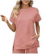 FAIWAD Womens Oversized Sweatshirts Short Sleeve Round Neck Slit Tops Loose Casual Pullover Sweatshirts