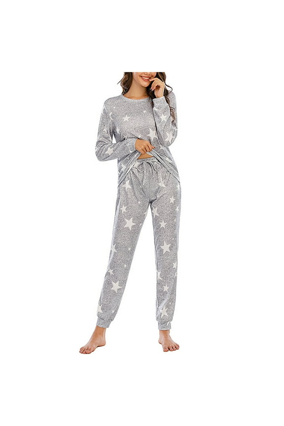 Womens Pajama Set Long Sleeve Sleepwear Star Print Nightwear Long Sleeve Top and Long Pants Loungewear Sets