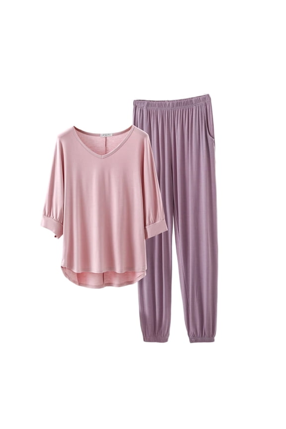 Womens Pajama Sets 3/4 Sleeve V-Neck Tops and Elastic Waistd Pants Nightwear 2 Piece Lounge Set with Pockets