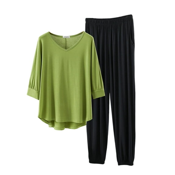 FAIWAD Womens Pajama Sets 3/4 Sleeve V-Neck Tops and Elastic Waistd Pants Nightwear 2 Piece Lounge Set with Pockets