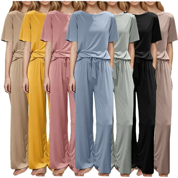 FAIWAD Womens Pajama Sets Short Sleeve Crew Neck Sleepwear Lightweight Thin Elastic Loungewear Casual Stretch Pjs