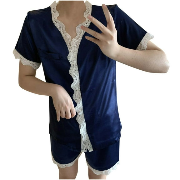 FAIWAD Womens Pajama Sets V Neck Short Sleeve Lace Patchwork Shirts and Shorts Lounge Set with Pockets