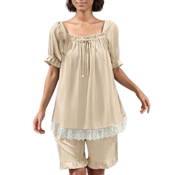 FAIWAD Womens Pajamas 2 Piece Lace Patchwork Pjs Ruffle Short Sleeve Tops and Shorts Sleepwear Casual Sets Homewear