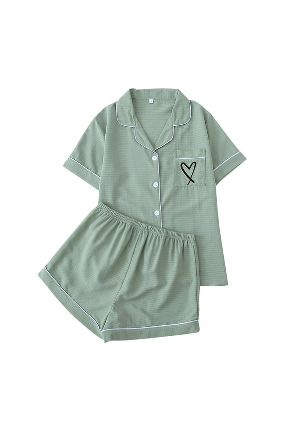 Womens Pajamas Set Soft Sleepwear Button Down Heart Print Shirt with Shorts Pjs Lounge Set Nightwear