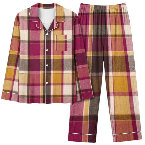 FAIWAD Womens Plaid Pajama Sets Long Sleeve Lapel Shirt and Pajamas Pants 2 Piece Button Nightwear Set