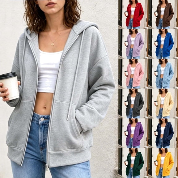 FAIWAD Hoodies for Women Casual Long Sleeve Zip Up Hooded Sweatshirts Oversized Drawstring Jackets with Pockets