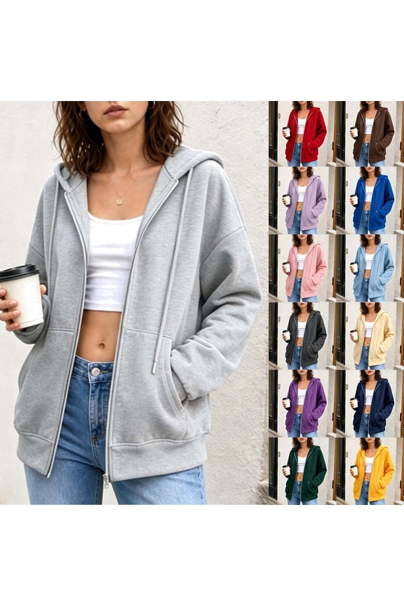 Hoodies for Women Casual Long Sleeve Zip Up Hooded Sweatshirts Oversized Drawstring Jackets with Pockets