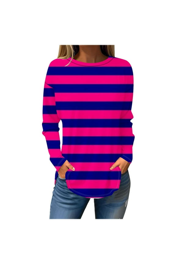 Womens Plus Size Striped Tops Basic Long Sleeve Workout Pullover Top Crewneck Casual Tunic Tops