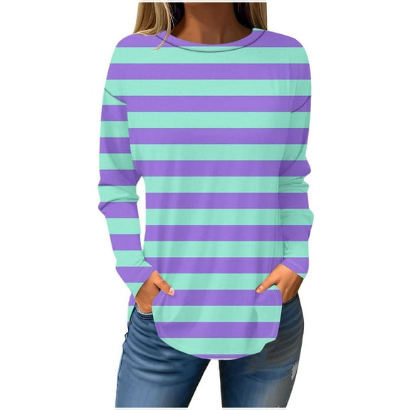 FAIWAD Womens Plus Size Striped Tops Basic Long Sleeve Workout Pullover Top Crewneck Casual Tunic Tops