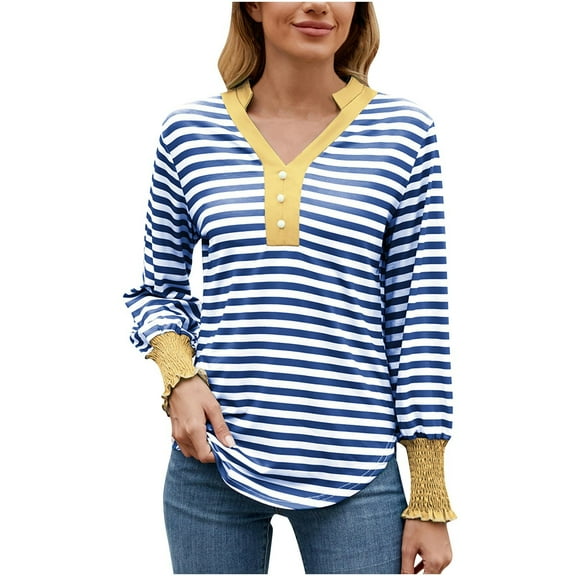 FAIWAD Womens Plus Size Striped Tops Long Sleeve Button Up V Neck Tunic Tops Casual Loose Going Out Clothes