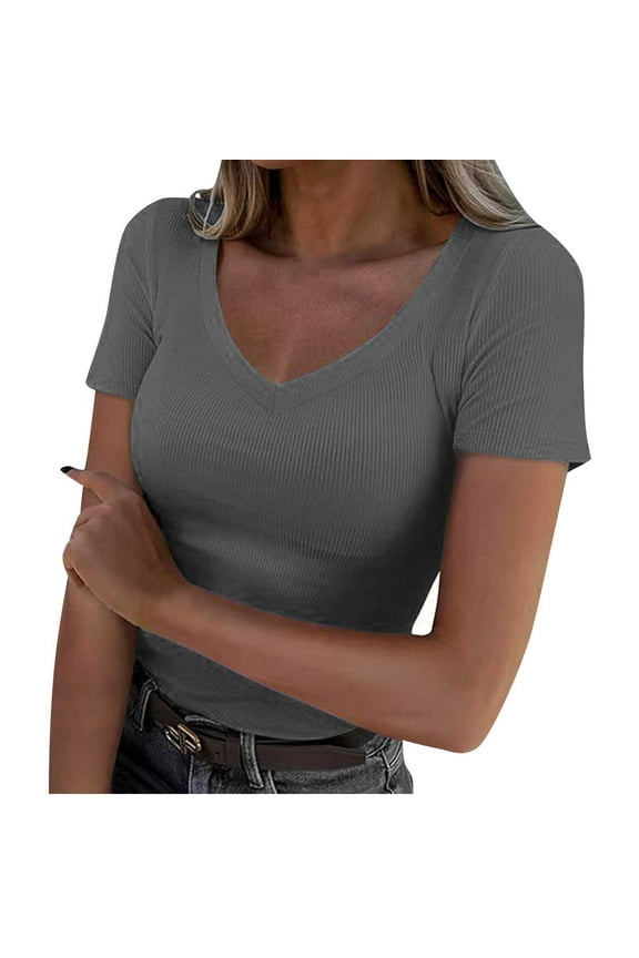 Womens Ribbed Knit Crop Tops Casual V Neck Short Sleeve Going Out Tees Summer Basic Slim Clothes
