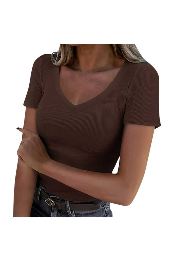 Womens Ribbed Knit Crop Tops Casual V Neck Short Sleeve Going Out Tees Summer Basic Slim Clothes