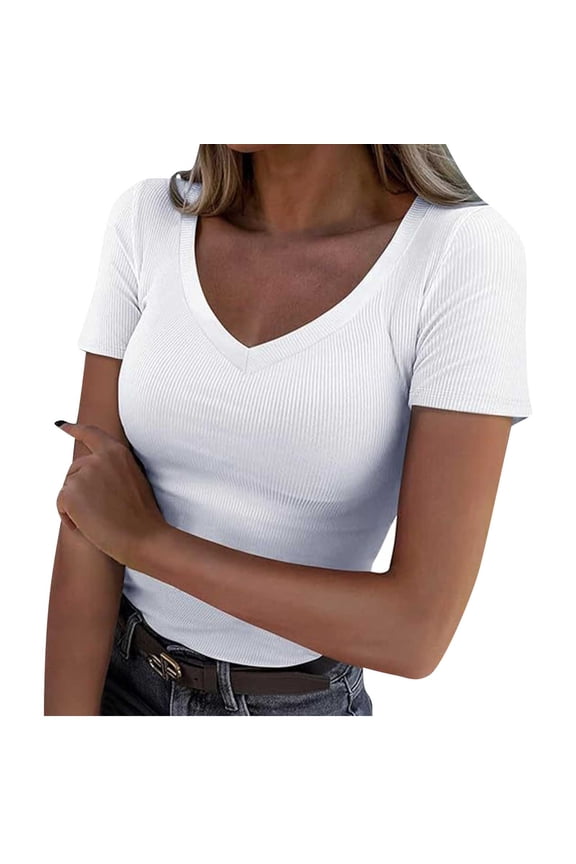 Womens Ribbed Knit Crop Tops Casual V Neck Short Sleeve Going Out Tees Summer Basic Slim Clothes