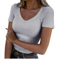 thumbnail image 1 of FAIWAD Womens Ribbed Knit Crop Tops Casual V Neck Short Sleeve Going Out Tees Summer Basic Slim Clothes, 1 of 6