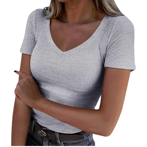 FAIWAD Womens Ribbed Knit Crop Tops Casual V Neck Short Sleeve Going Out Tees Summer Basic Slim Clothes