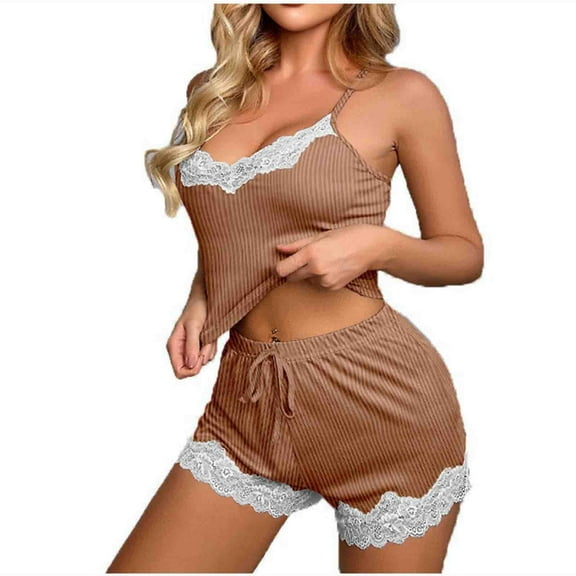FAIWAD Womens Ribbed Pajamas Set Summer Lace Trim Cami Tank Top with Home Shorts Lounge Pjs Set Comfy Loungewear Sleepwear