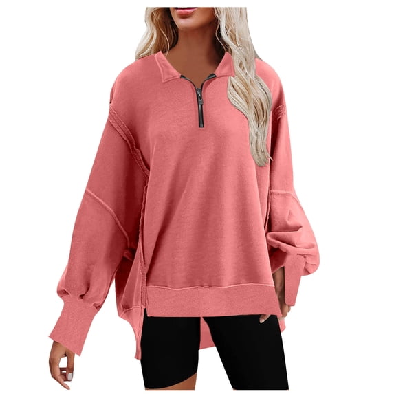 FAIWAD Womens Round Neck Pullover Sweatshirt Lapel Zip Side Split Pullover Top Fall Winter Trendy Clothes