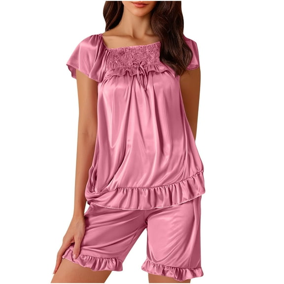 FAIWAD Womens Satin Pajama Sets Ruffle Hem Short Sleeve Tops with Shorts Pjs Set Casual Sleepwear Soft Loungewear
