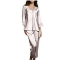 thumbnail image 1 of FAIWAD Womens Satin Pajama Sets V Neck Short Long Sleeve Lace Patchwork Top and Long Pant Nightwear Set, 1 of 7