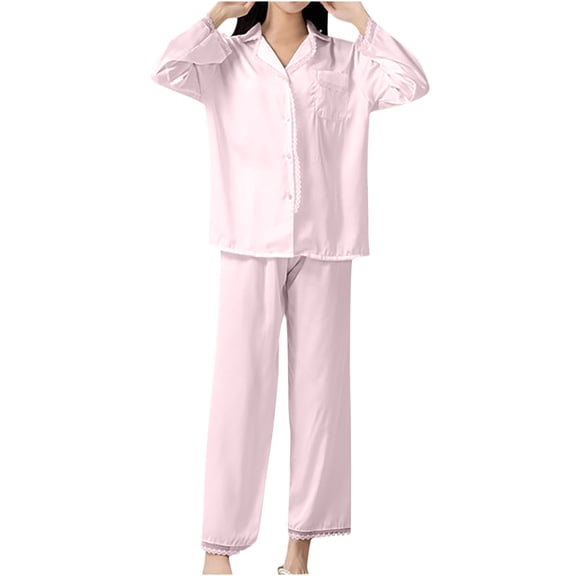 FAIWAD Womens Satin Pajamas Set Long Sleeve Lapel Button Shirt and Elastic Waist Pants Soft Sleepwear Sets