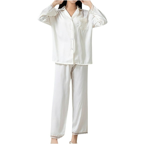 FAIWAD Womens Satin Pajamas Set Long Sleeve Lapel Button Shirt and Elastic Waist Pants Soft Sleepwear Sets