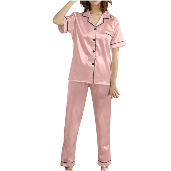 FAIWAD Womens Satin Pajamas Set Short Sleeve Button Down Lapel Shirt and Long Pants Classic Comfy Nightwear Suit