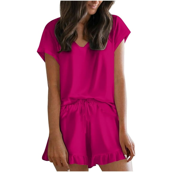 FAIWAD Womens Satin Pajamas Set Short Sleeve V Neck Top and Ruffle Shorts 2 Piece Sleepwear Nightwear Set