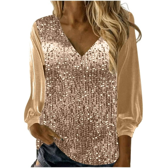 FAIWAD Womens Sequin Velvet Tops Glitter Sparkly V-Neck Long Sleeve Pullover Dressy Evening Cocktail Party Shirts