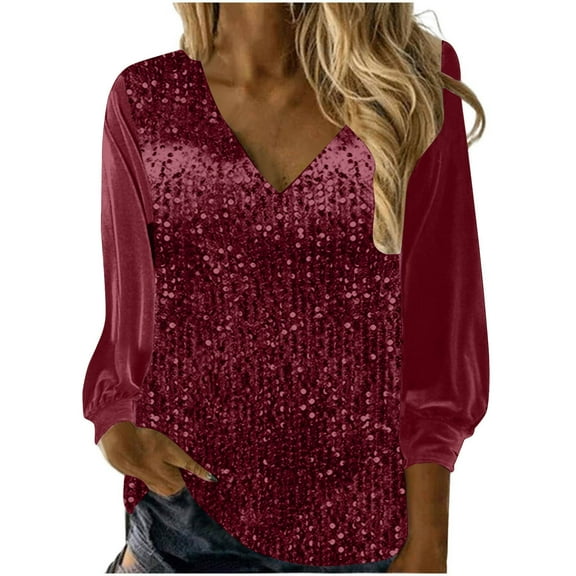 FAIWAD Womens Sequin Velvet Tops Glitter Sparkly V-Neck Long Sleeve Pullover Dressy Evening Cocktail Party Shirts