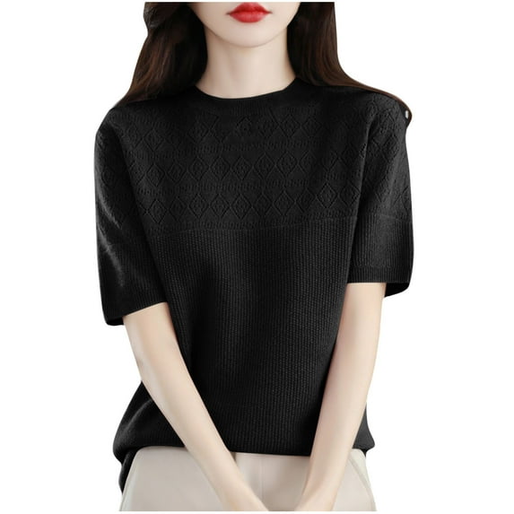 FAIWAD Womens Short Sleeve Ribbed Sweater Round Neck Basic Pullover Tops Lightweight Casual Sweaters
