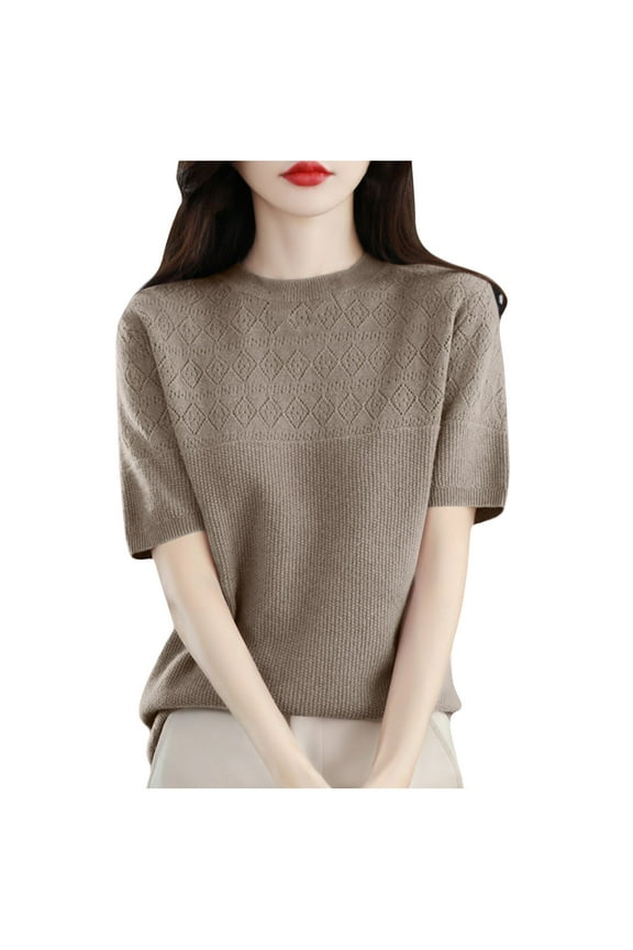 Womens Short Sleeve Ribbed Sweater Round Neck Basic Pullover Tops Lightweight Casual Sweaters