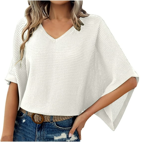 FAIWAD Womens Short Sleeve Ribbed Sweater V Neck Basic Pullover Tops Loose Breathable Lightweight Casual Sweaters