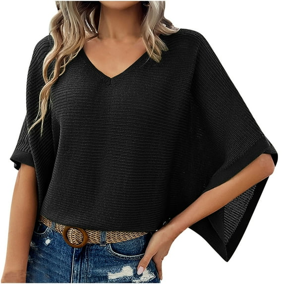 FAIWAD Womens Short Sleeve Ribbed Sweater V Neck Basic Pullover Tops Loose Breathable Lightweight Casual Sweaters