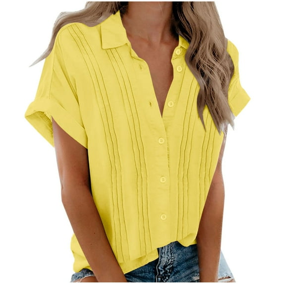 FAIWAD Womens Short Sleeve Ruched Shirts Summer V Neck Button Down Shirt 2024 Comfy Loose Basic Tops