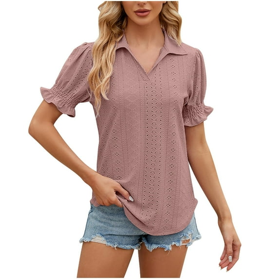 FAIWAD Womens Short Sleeve Tops V Neck Hollow Out Blouse Loose Puff Sleeve Tunic Tops Casual Spring T-shirts
