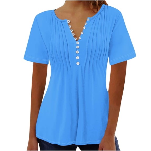 FAIWAD Womens Short Sleeve Tunic Tops Casual Button Down Tshirts Summer Ruched Solid Color Flowy Top